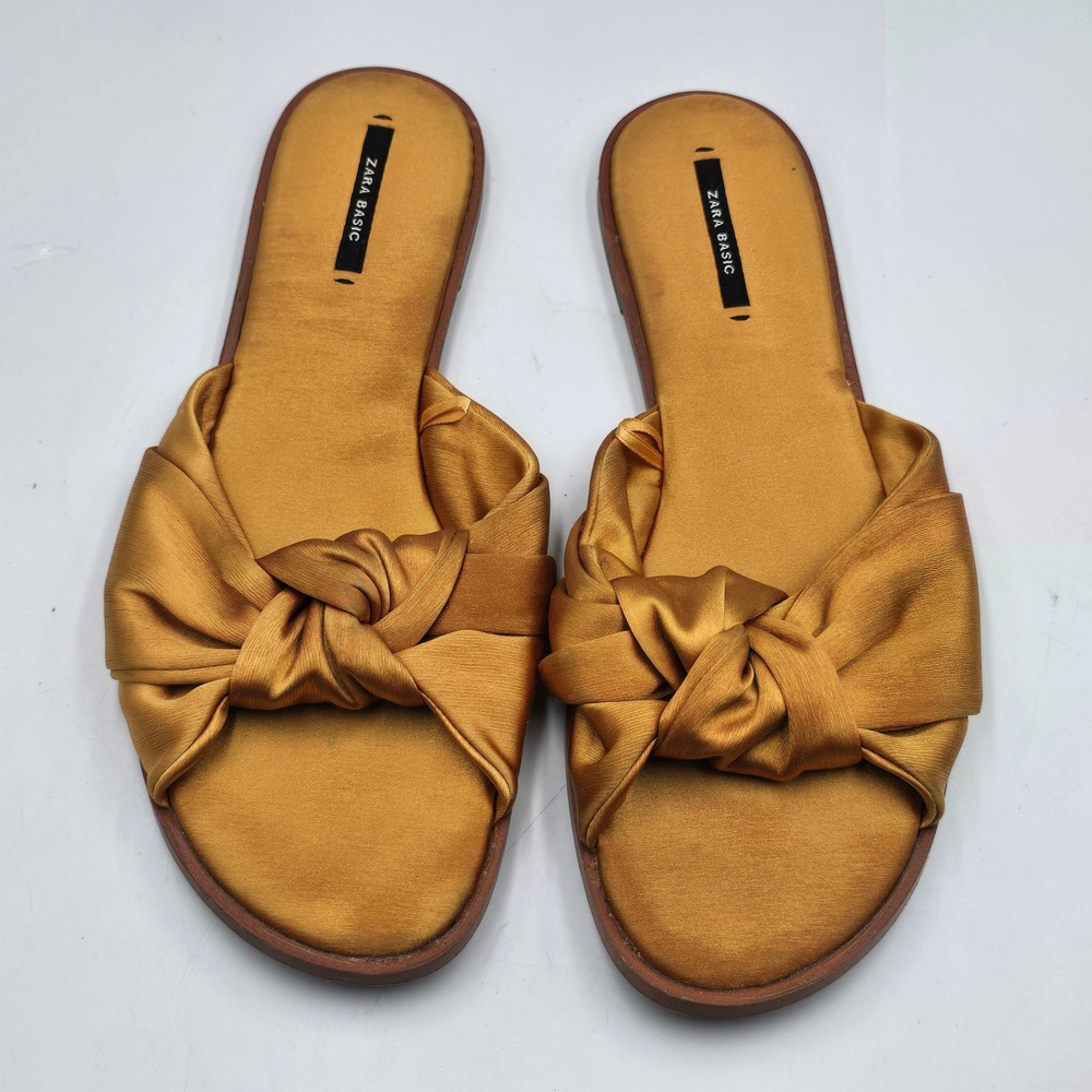Zara Sandals Women 8/39 Slide Knotted Satin Gold Flat Slip On EUC Summer Chic